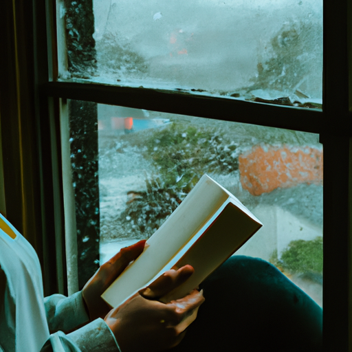 An aesthetic photo of a person seated next to a window on a rainy day with a book